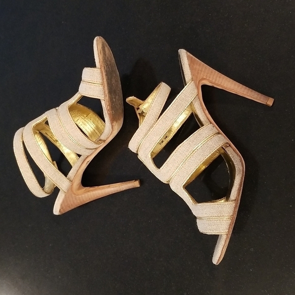 💕TORY BURCH💕 Leather Cage Sandal Heels ~ Open Toe Canvas & Gold 7.5 - Picture 7 of 14